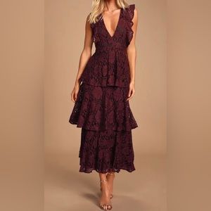LULUS burgundy lacey maxi dress with tiered skirt